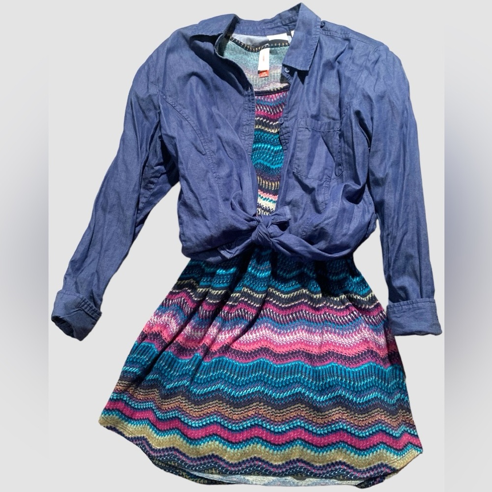 Cute colorful comfy Chevron stripe print dress sz L denim top shirt blue purple